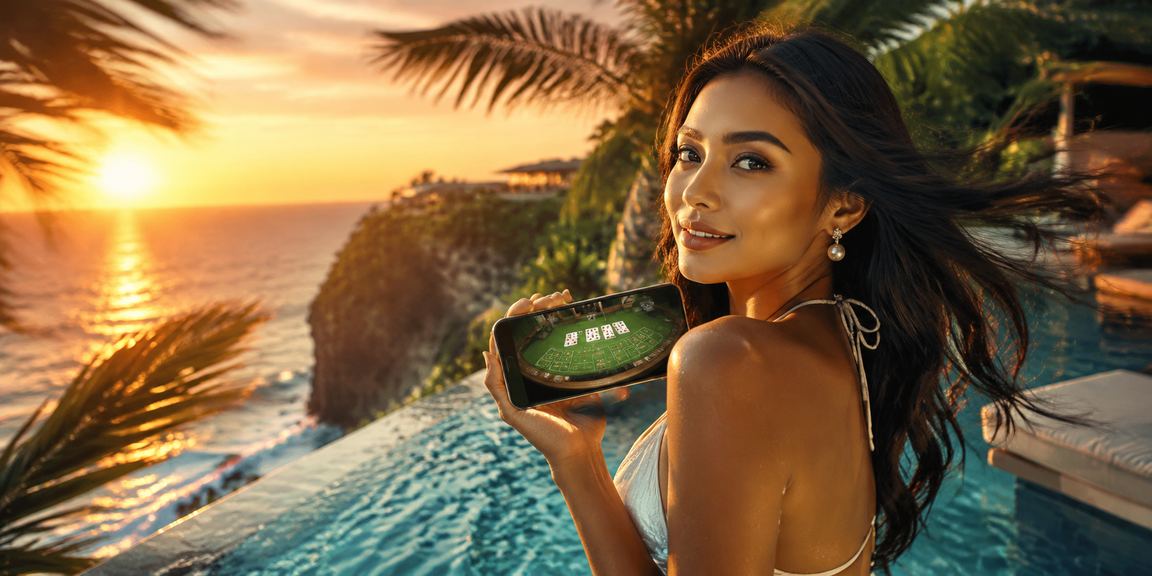 Model kasino Vietnam berpose di meja baccarat dengan suasana mewah dan penuh cahaya