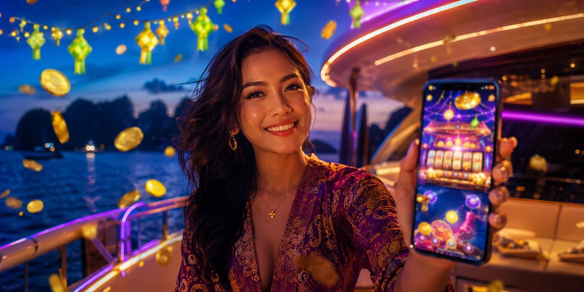 Tampilan mobile casino dengan efek neon berwarna cerah di layar ponsel