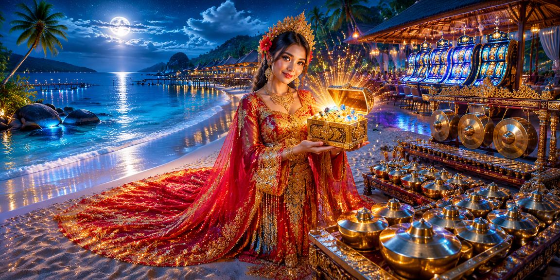 Permainan slot online dengan latar belakang pantai tropis